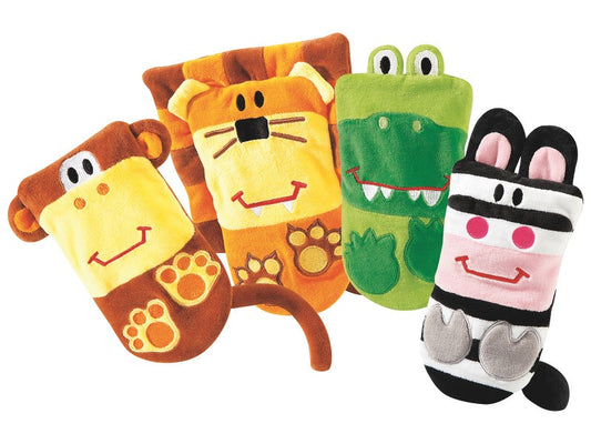Sada maňásků 4 ks opice, lev, zebra, krokodýl.